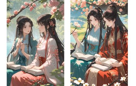 18618-2574970236-2girls, flower, sitting, multiple girls, long hair, dress, black hair, chinese clothes, hanfu, long sleeves, water, book, branch(1)(1).png